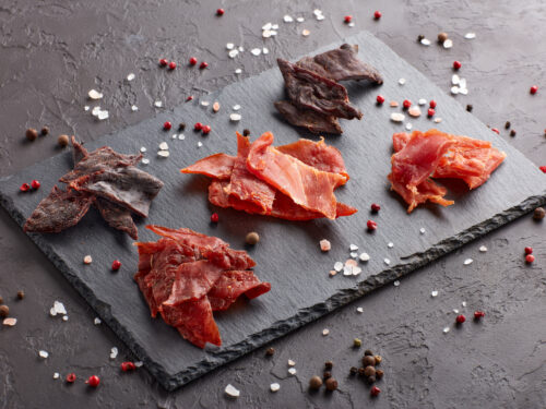 Jerky.,set,of,various,kind,of,dried,spiced,meat,on