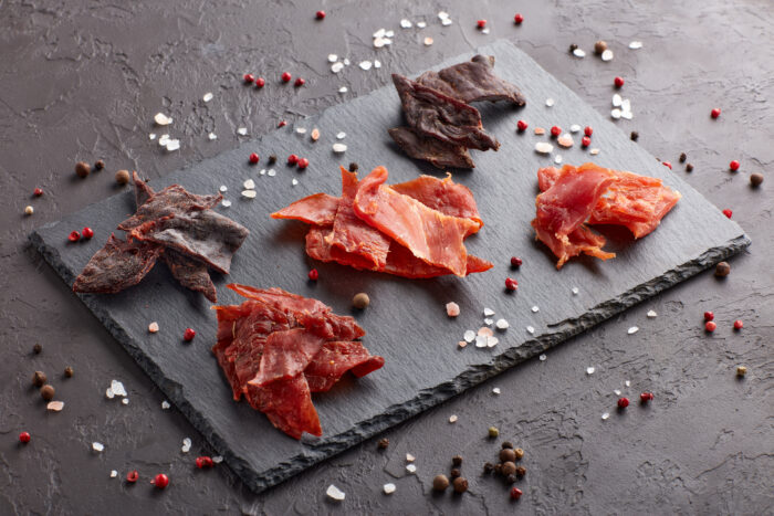 Jerky.,set,of,various,kind,of,dried,spiced,meat,on